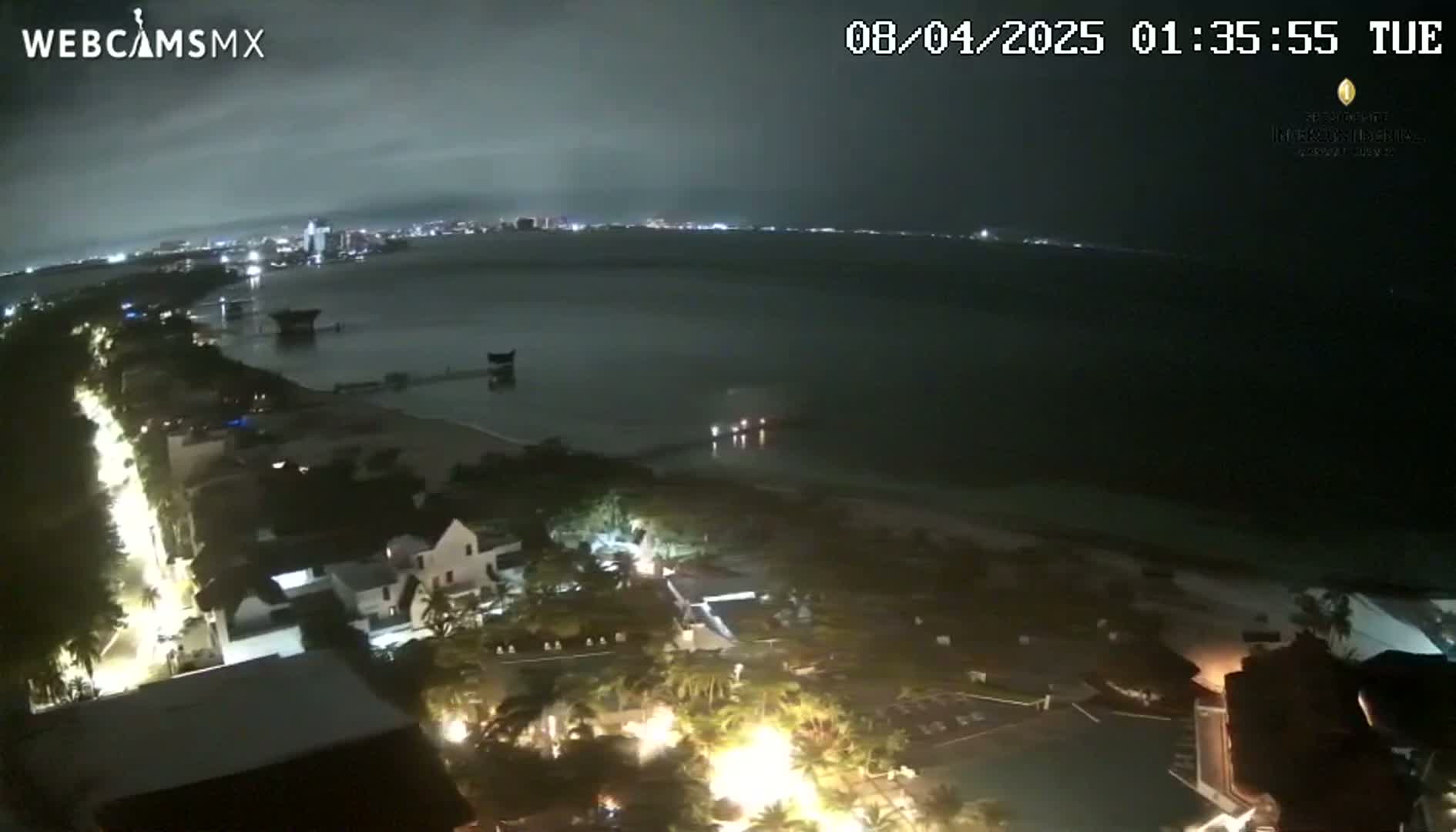 A nighttime, coastal view shows a dark, calm ocean, a beach, and a city's lights in the distance, with buildings and palm trees illuminated along the shoreline.