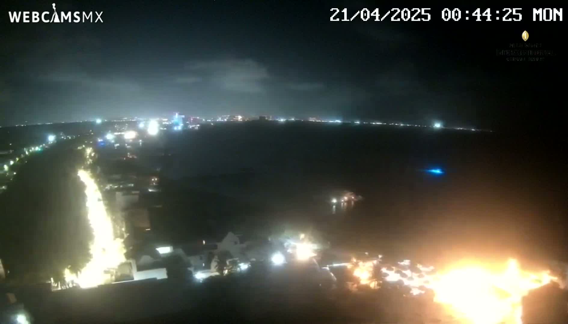 A nighttime aerial view shows a city skyline with lights, a brightly lit road curving through dark trees and buildings, and a large fire burning near the bottom right corner under partly cloudy skies.