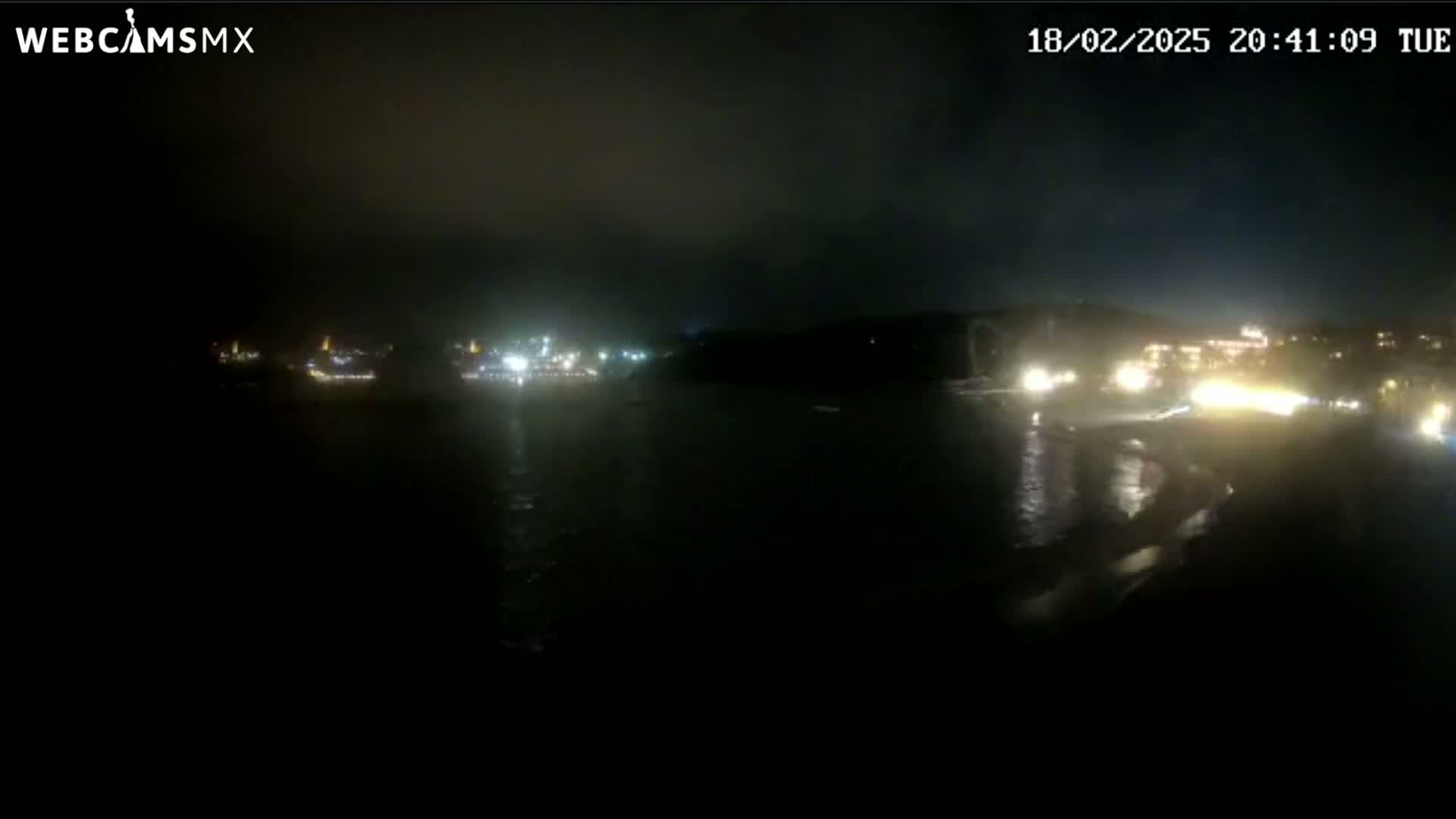 A nighttime, dark, and somewhat hazy view of a body of water with faintly visible lights on the far shore.