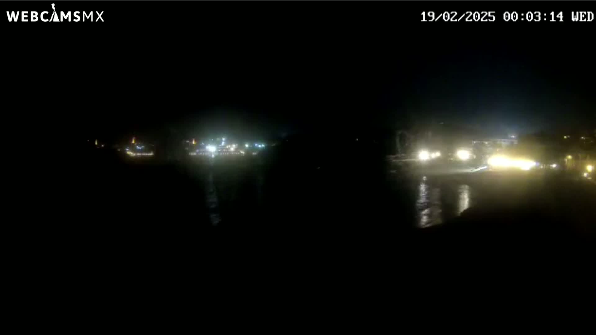 A nighttime view of a body of water with faintly visible lights on the far shore.