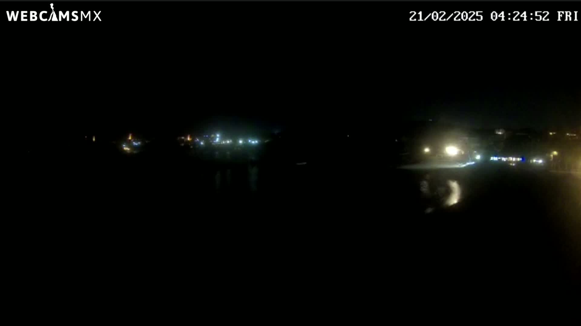 A nighttime long shot shows a dark body of water reflecting faint lights from a distant, dimly lit shoreline.