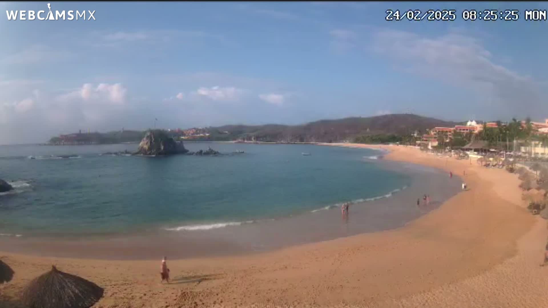 A mostly sunny day at a secluded beach cove with calm, clear water, a sandy shore, and a few people enjoying the beach.