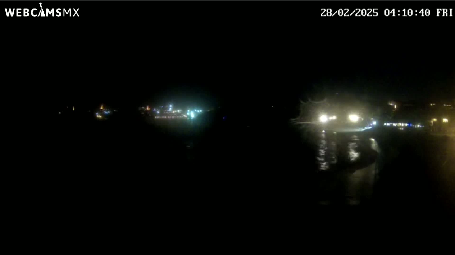 A nighttime long shot shows a dark, possibly wet, waterfront area with distant lights from buildings and vehicles.