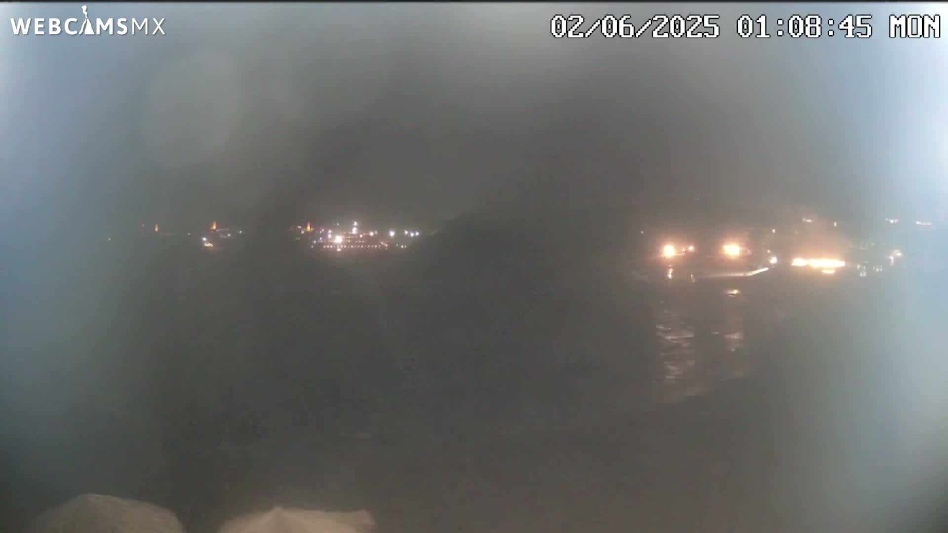 A hazy night scene shows distant lights across a body of water.
