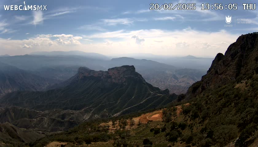 A partly cloudy sky overlooks a vast, mountainous landscape with deep valleys and rugged terrain.