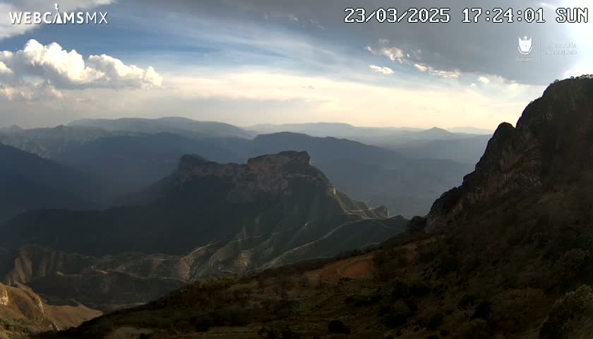 A panoramic view of a mountainous landscape under a partly cloudy sunset sky.