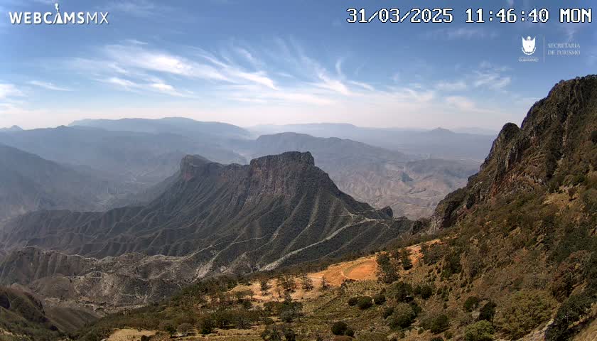 A vast, mountainous landscape under a mostly clear, sunny sky stretches into the hazy distance.