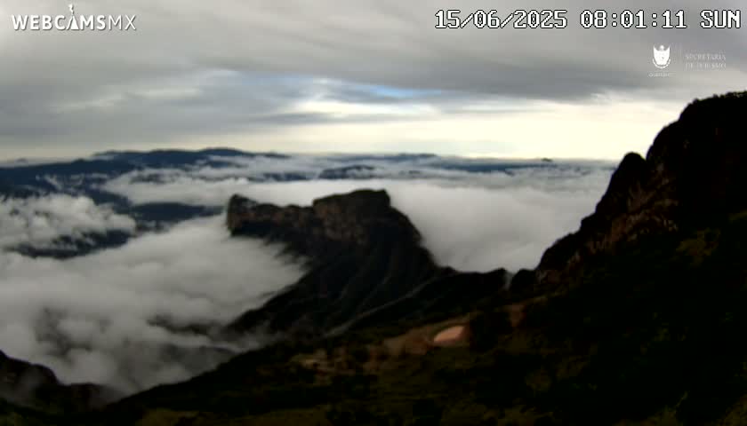 A mountainous landscape is shrouded in a thick layer of fog under a cloudy sky.