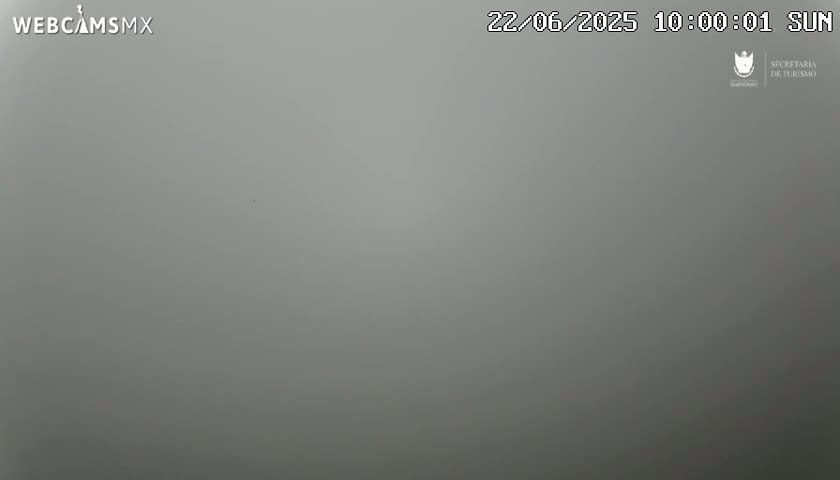 A solid, uniformly gray image shows an overcast sky with heavy fog or mist.