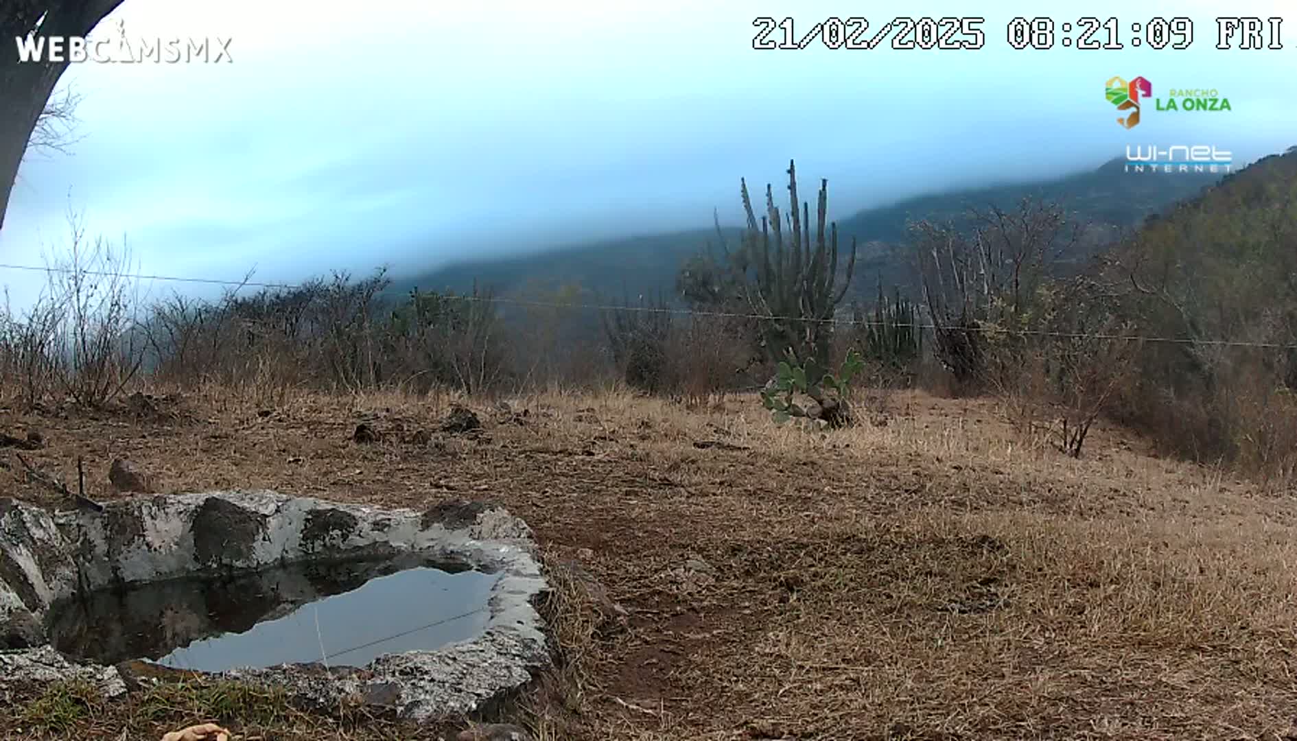 A stone basin containing still water sits in a dry, brown landscape under a mostly cloudy sky, with distant mountains partially obscured by fog.
