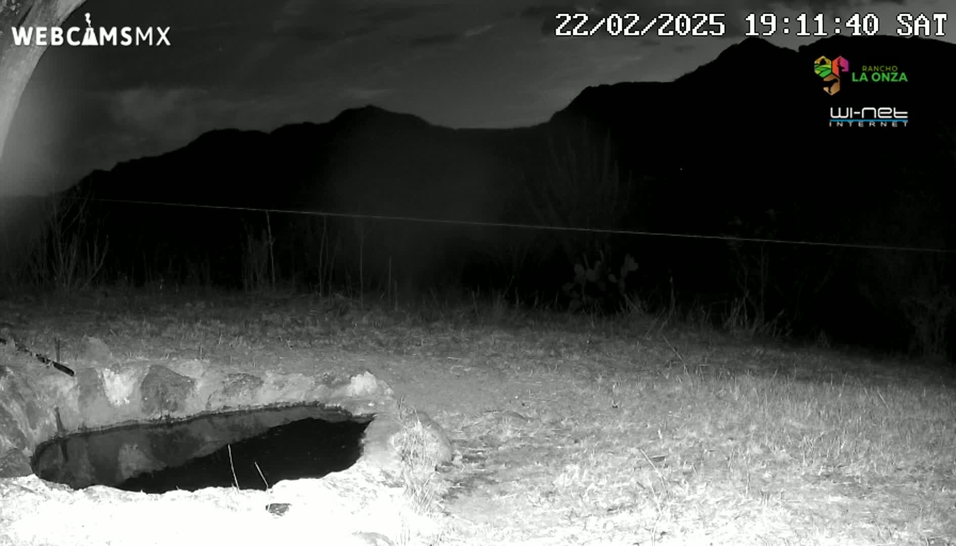 A nighttime, grayscale image shows a small, still body of water in a stone basin, situated in front of a dark, sparsely vegetated area with mountains in the background under a mostly clear, dark sky.