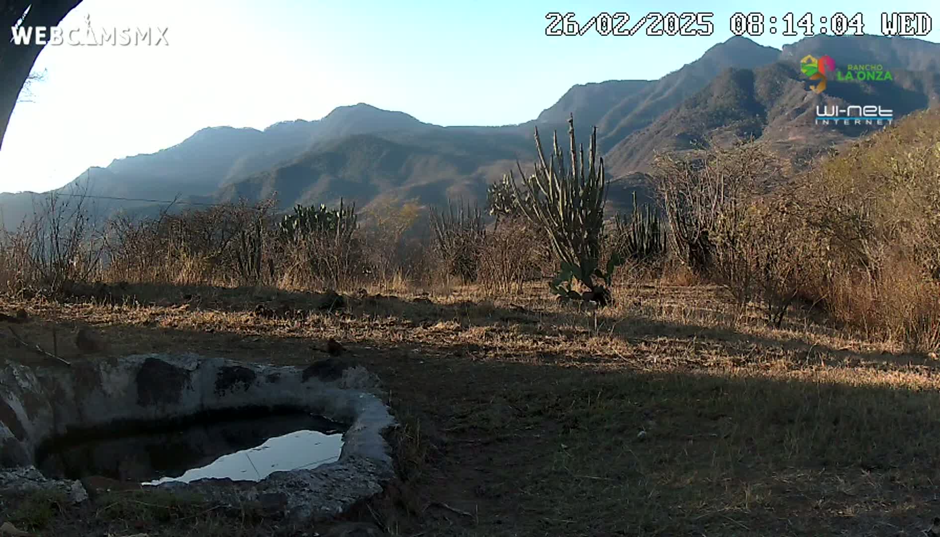 A small, stone-lined pool of water sits in the foreground of a dry, scrubby landscape under a clear, sunny sky, with mountains visible in the background.