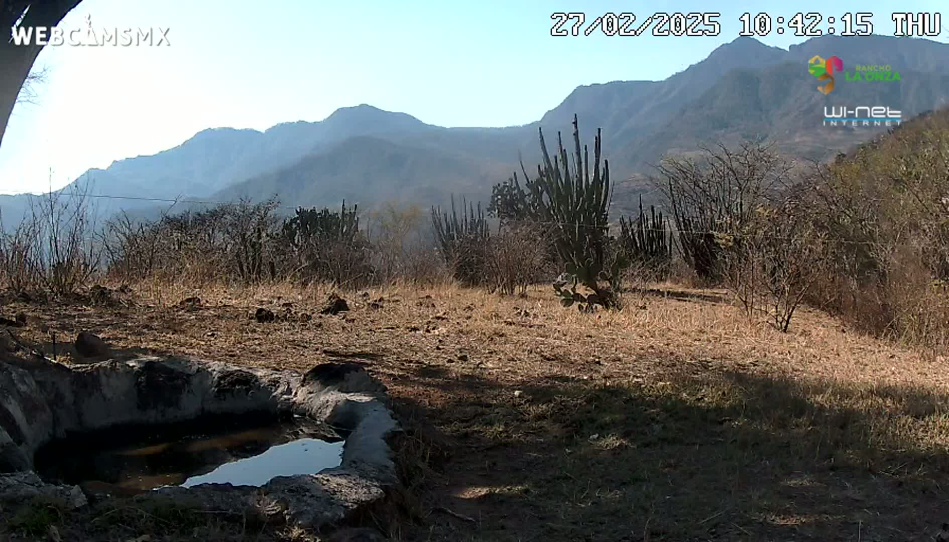 A rocky, dry landscape with sparse vegetation and a small pool of water in a stone basin is shown, backed by hazy mountains under a clear sky.