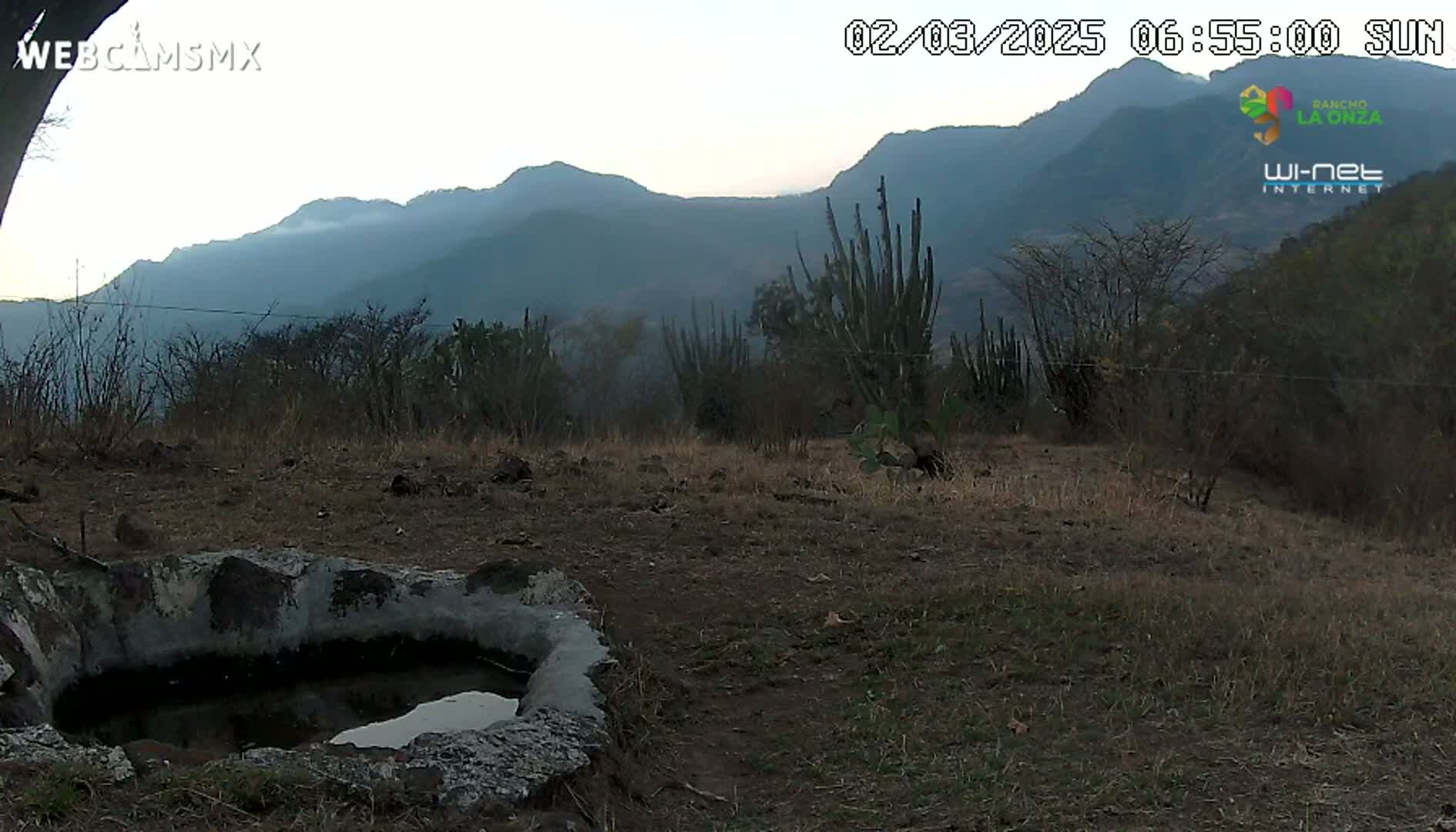 A stone basin sits in a dry, grassy field overlooking a hazy mountain range at dawn.