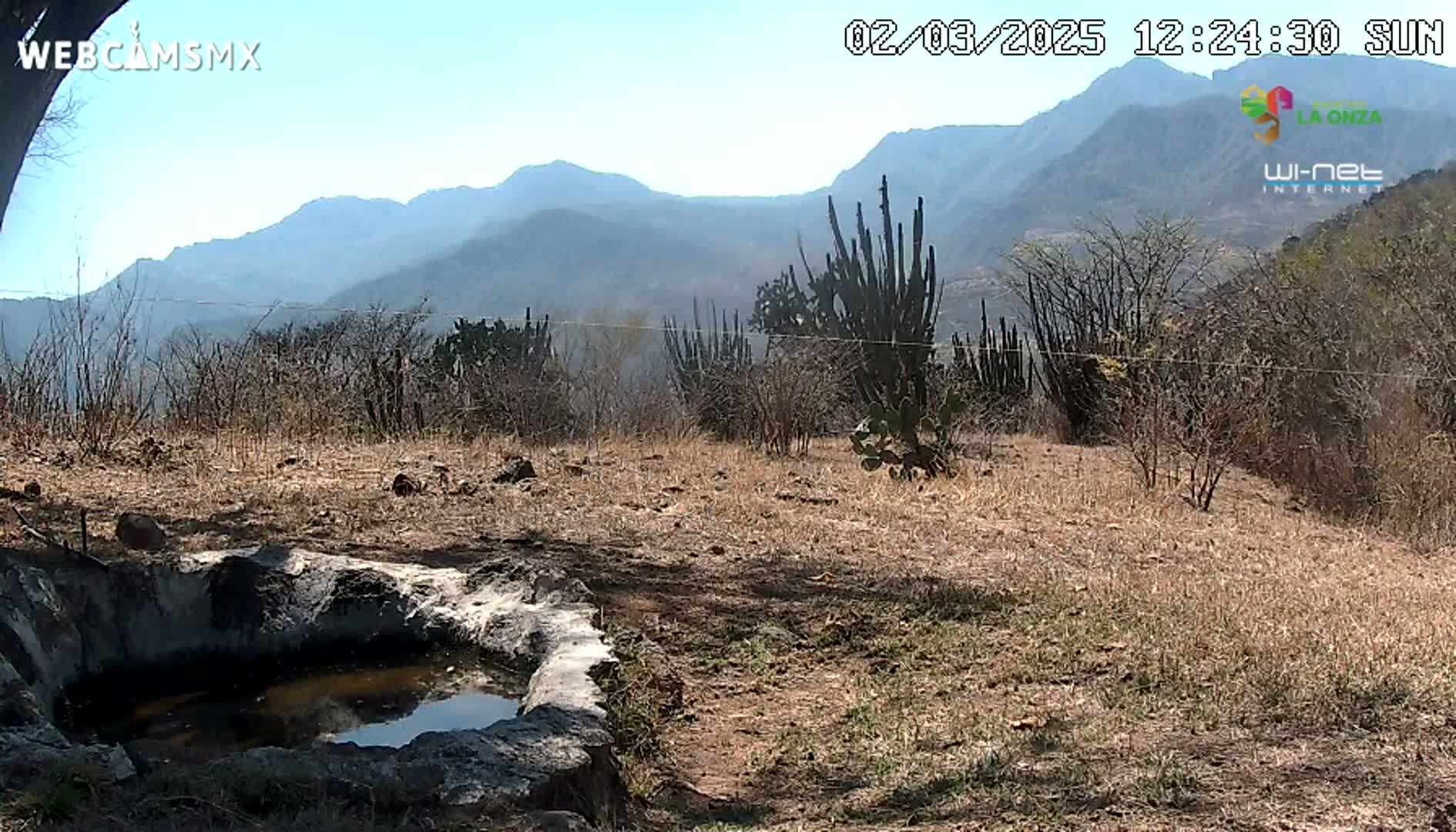 A stone basin containing a small amount of water sits in a dry, sparsely vegetated landscape before a range of hazy, distant mountains under a clear, sunny sky.