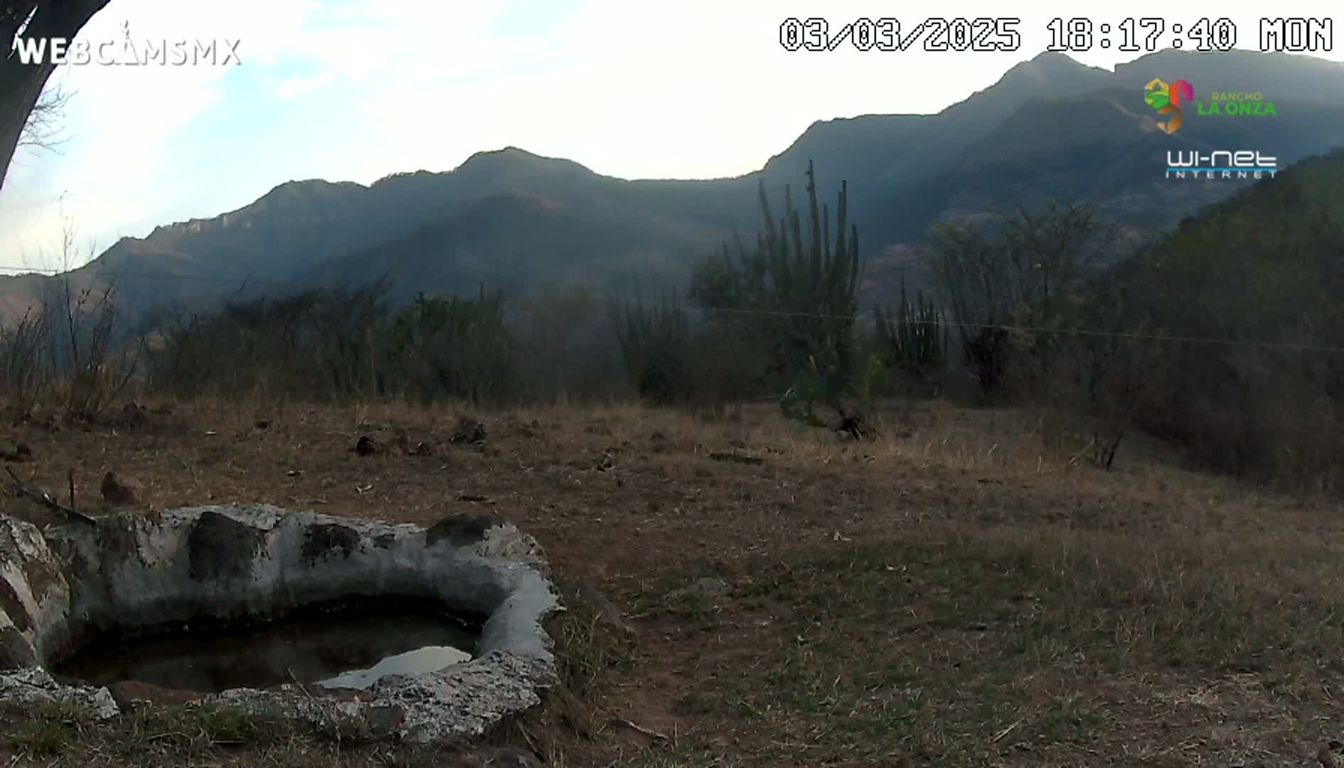 A stone basin containing still water sits in a dry, brown field before a range of dark, hazy mountains under a partly cloudy sky.