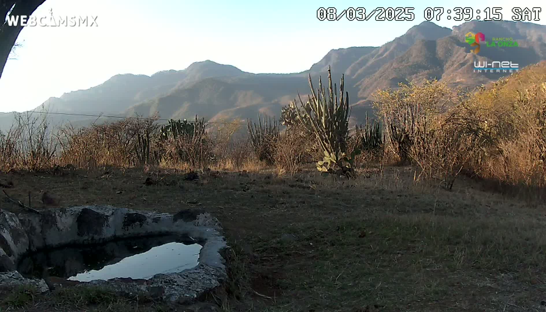 A small, stone-lined pool of still water sits in the foreground of a dry, scrubby landscape under a clear, bright sky, with mountains visible in the background.