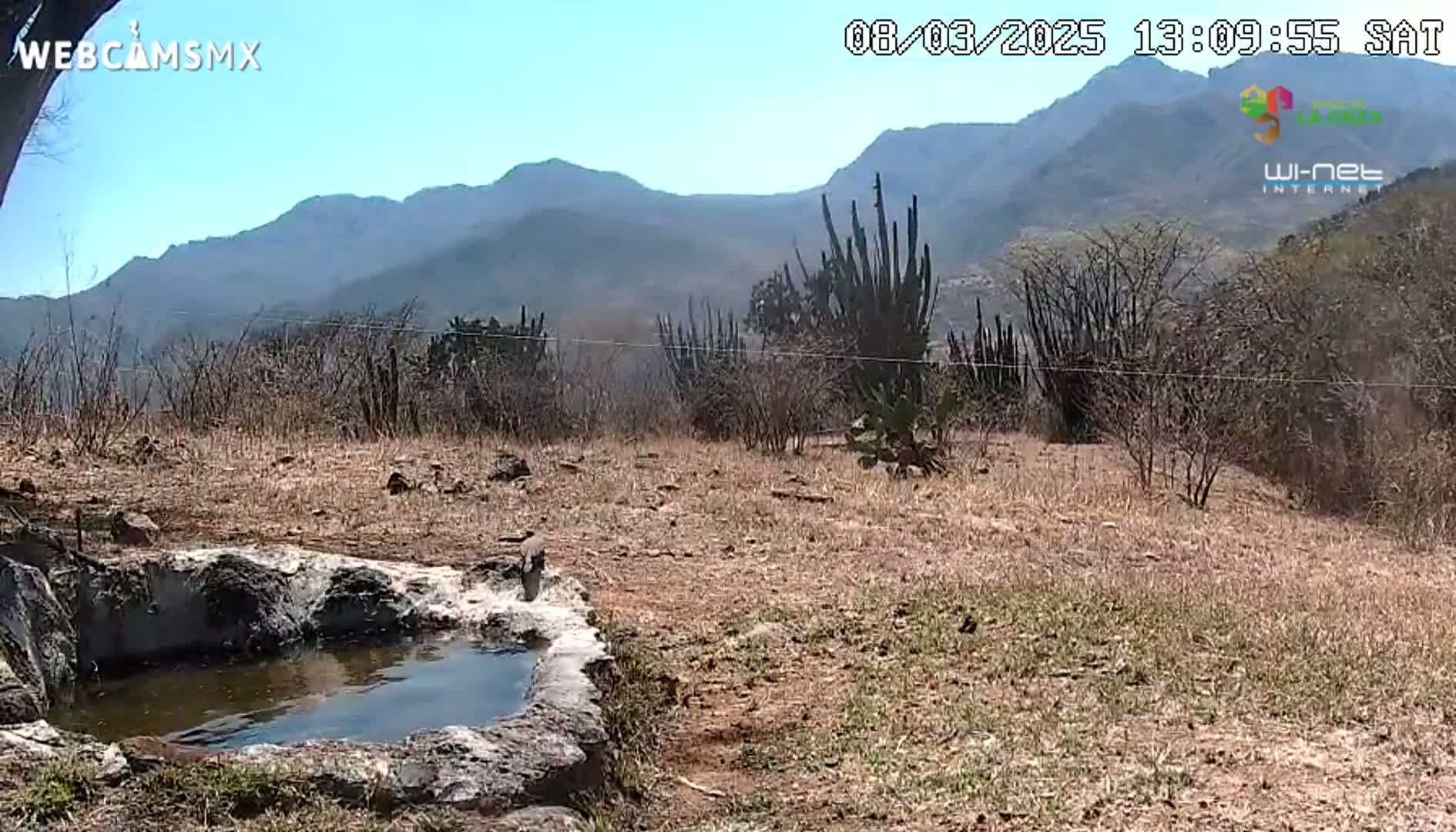 A small stone water basin sits in a dry, sparsely vegetated landscape under a clear blue sky, with mountains visible in the background.