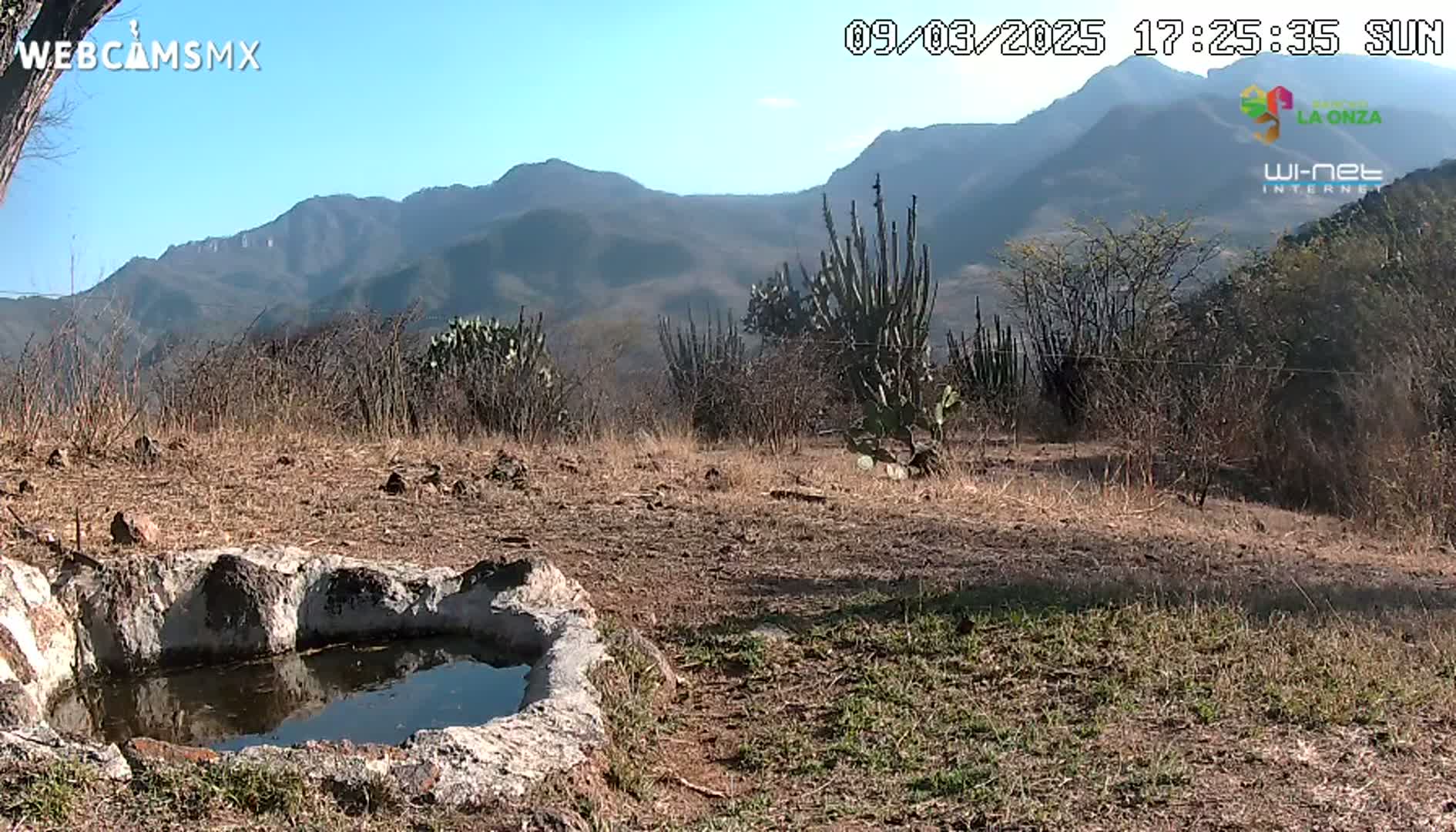 A stone basin filled with water sits in a dry, sparsely vegetated landscape before a range of mountains under a clear, sunny sky.