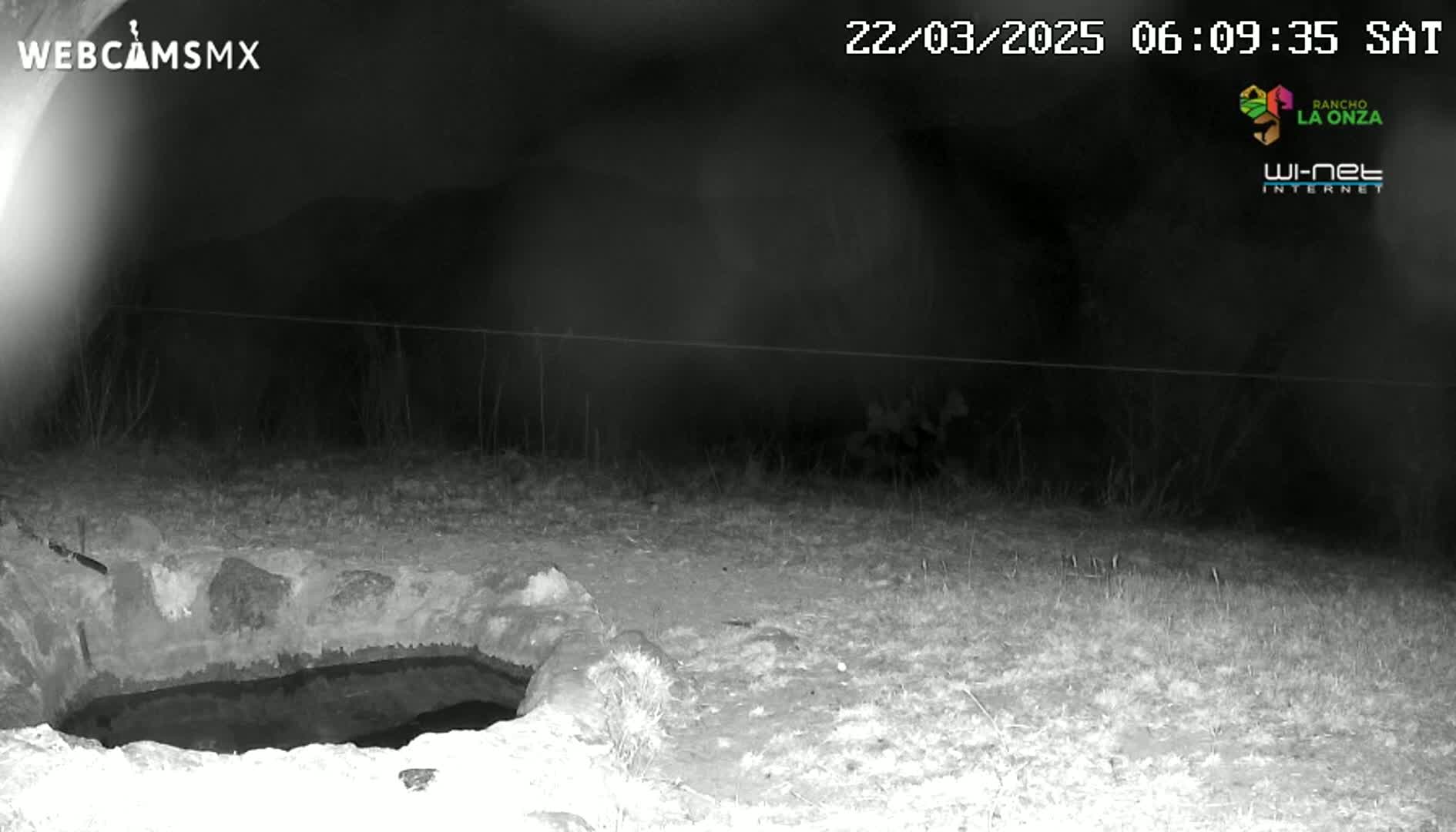 A nighttime, low-light image shows a shallow, stone-lined pit containing dark water, situated in a sparsely vegetated area.