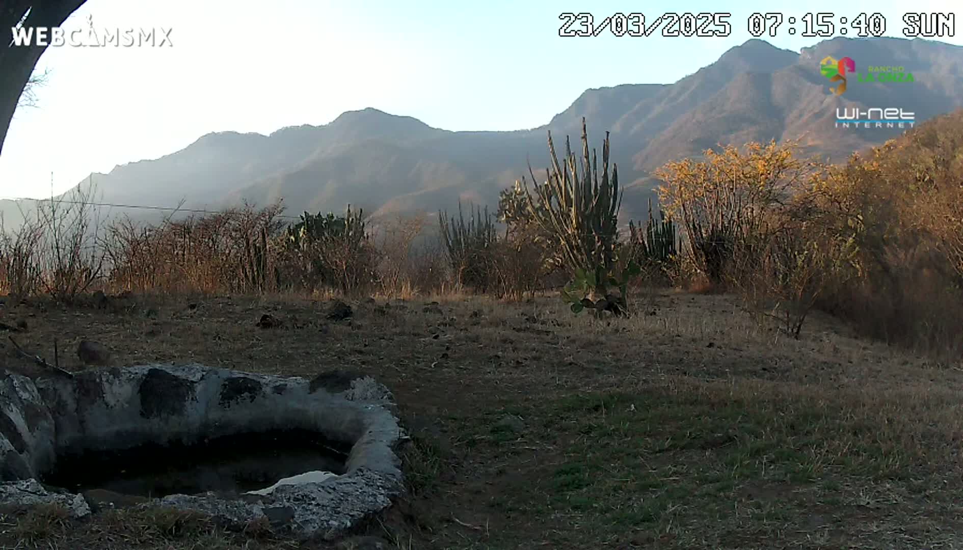 A stone basin sits in a dry, sparsely vegetated landscape at the foot of sunlit mountains under a clear sky.