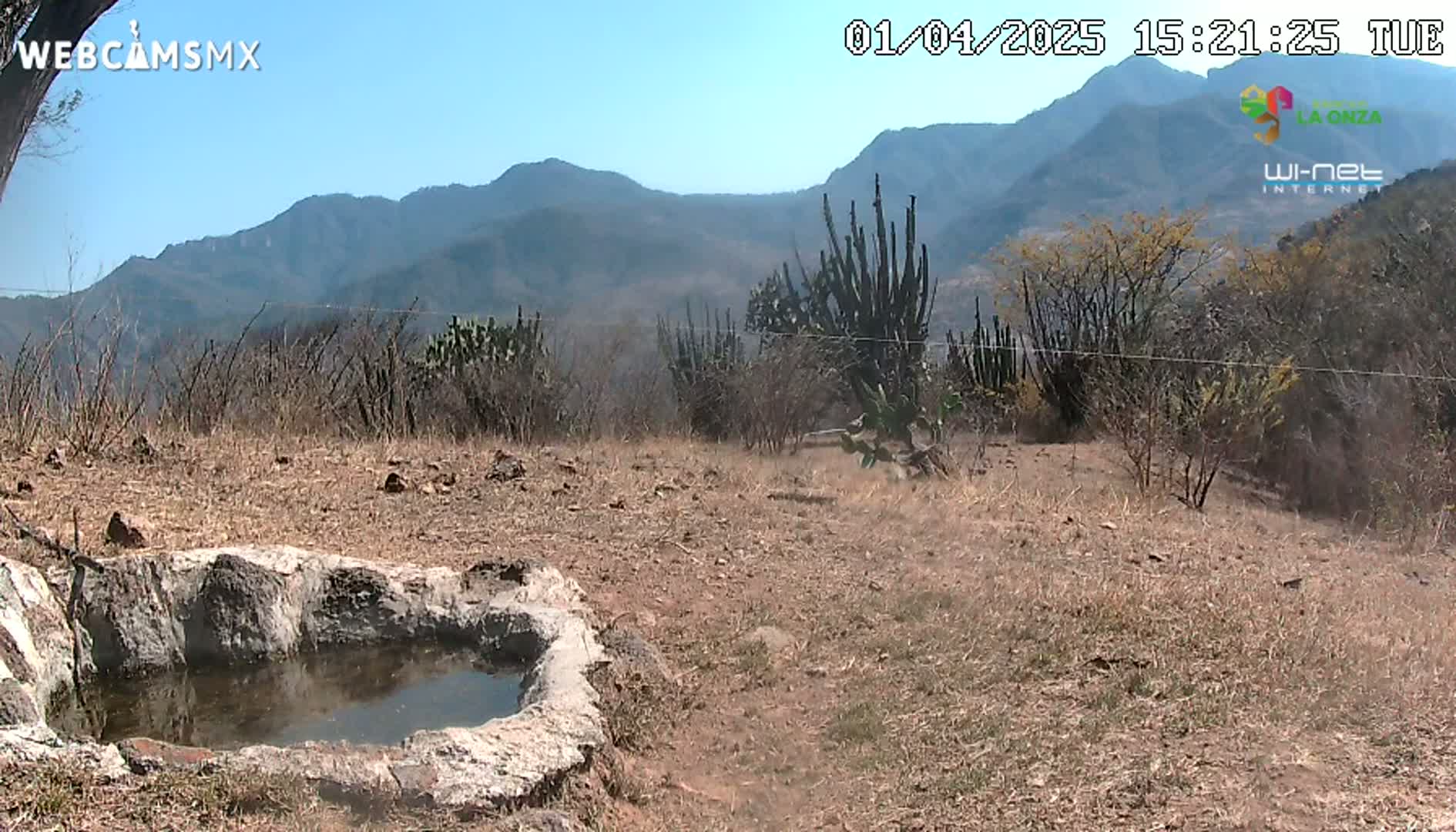 A stone basin containing water sits in the foreground of a dry, scrubby landscape under a clear blue sky, with mountains visible in the background.