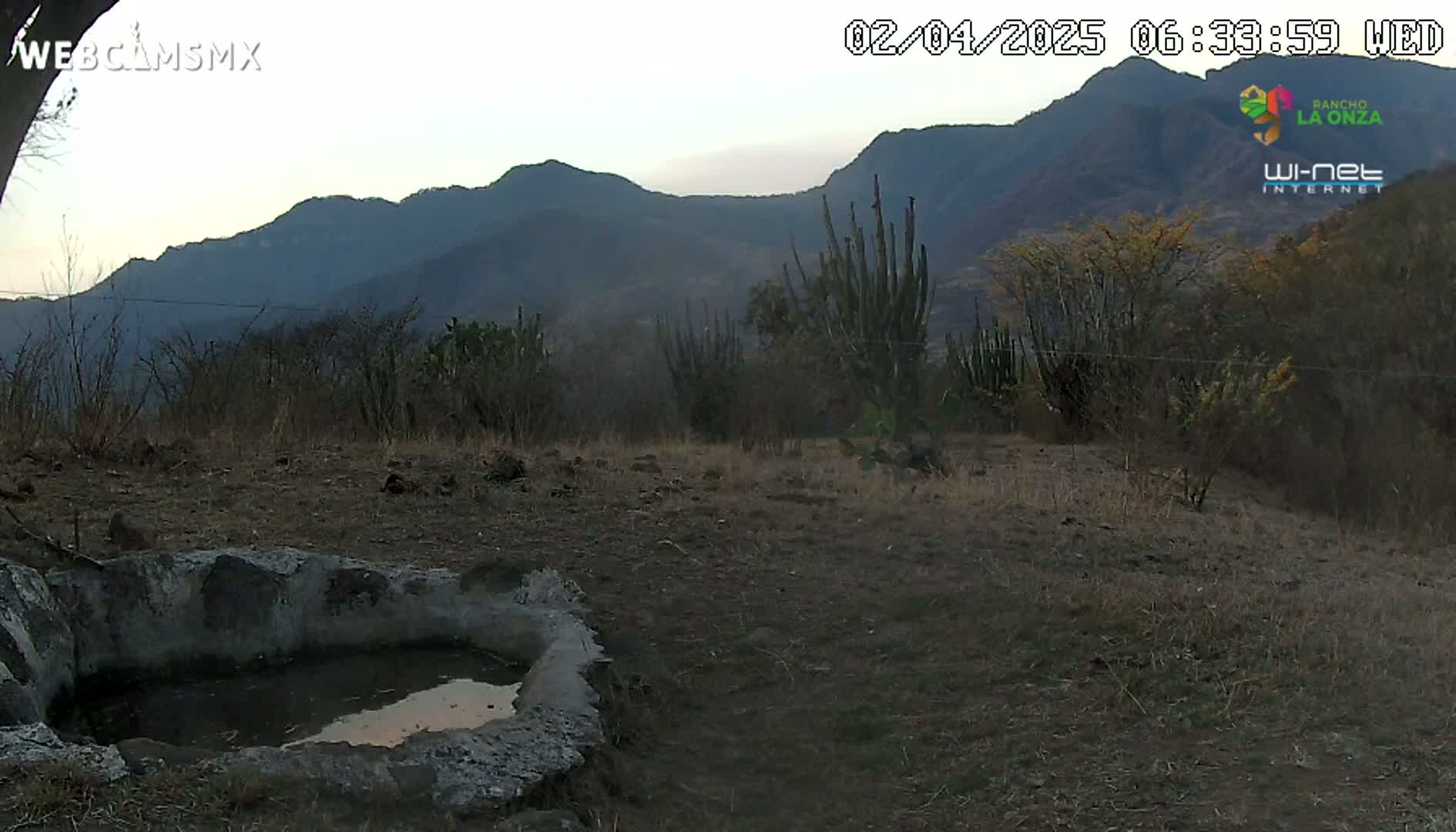 A still, twilight view shows a stone basin containing a small amount of water, situated in dry, scrubby land before a range of dark, distant mountains under a pale sky.