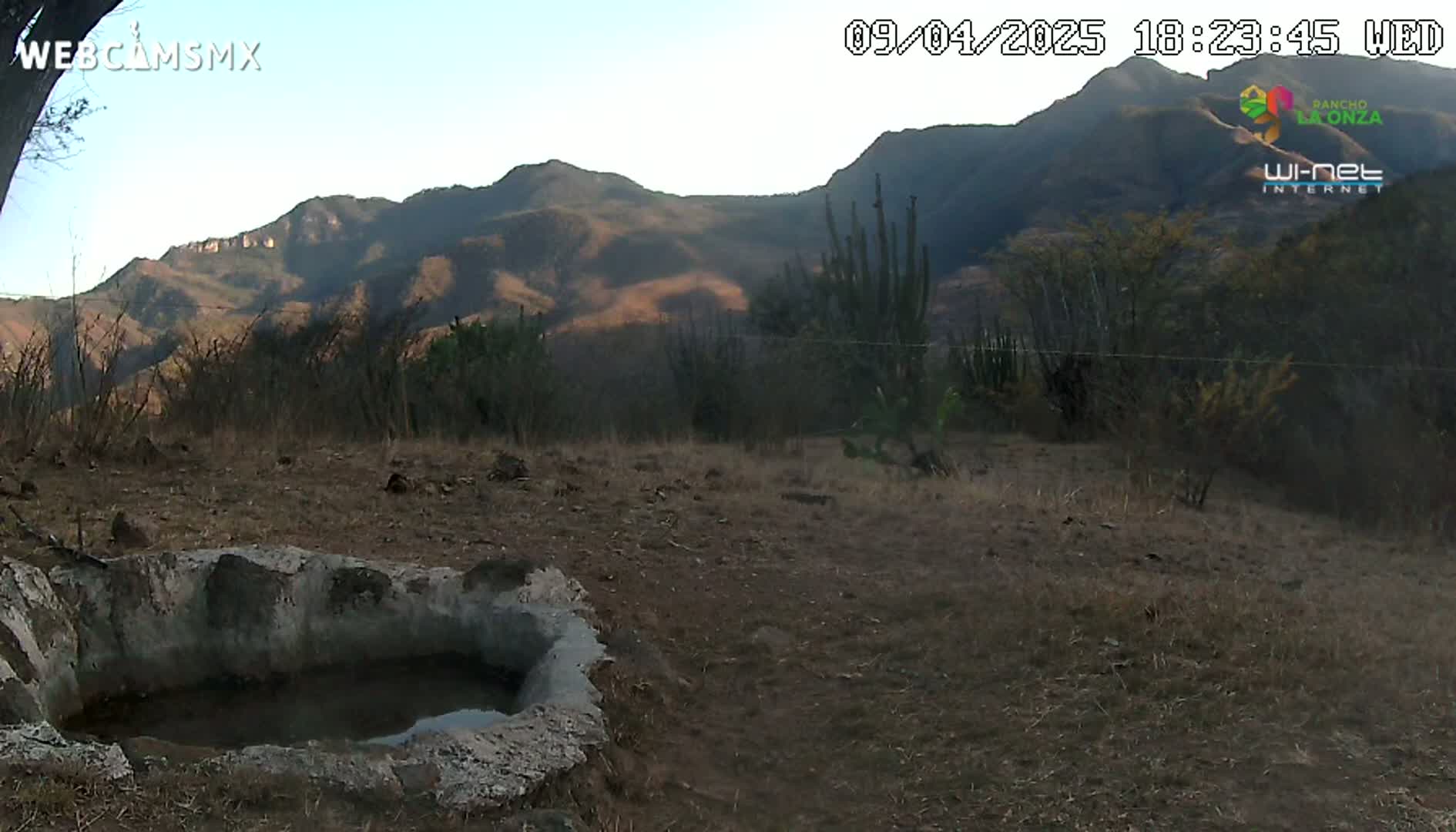 A small, stone basin sits in the foreground of a dry, brown landscape, with mountains visible in the background under a clear sky.