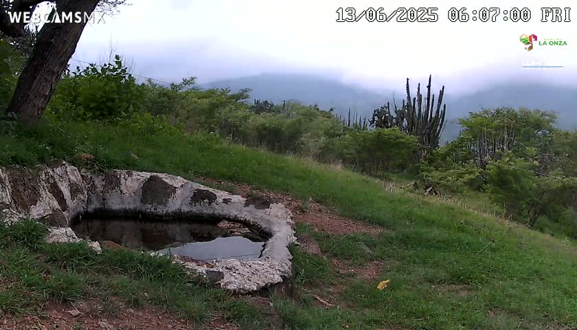 A stone basin containing still water sits on a grassy hillside under a cloudy sky, with mountains visible in the distance.