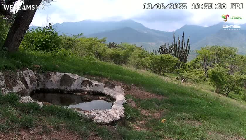 A small stone basin containing still water sits on a grassy hillside overlooking a mountain range under a partly cloudy sky.
