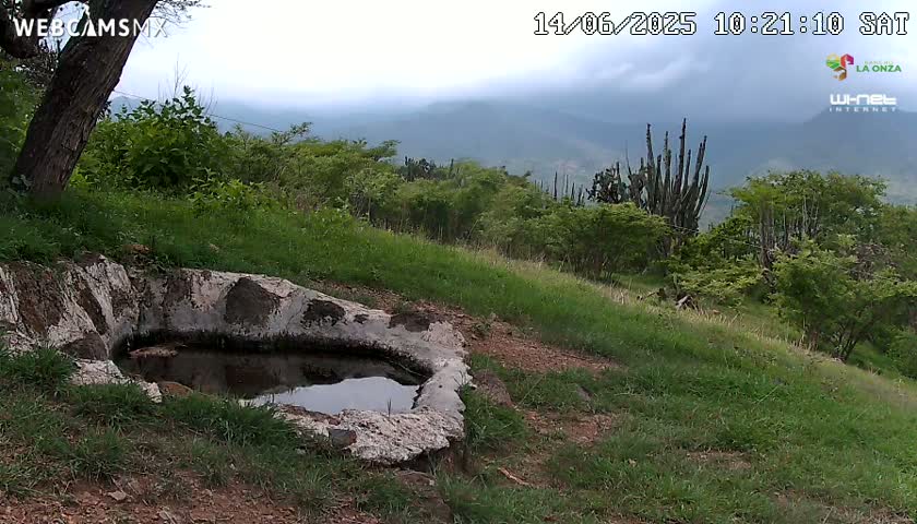 A stone basin containing still water sits on a grassy hillside overlooking a hazy, mountainous landscape.