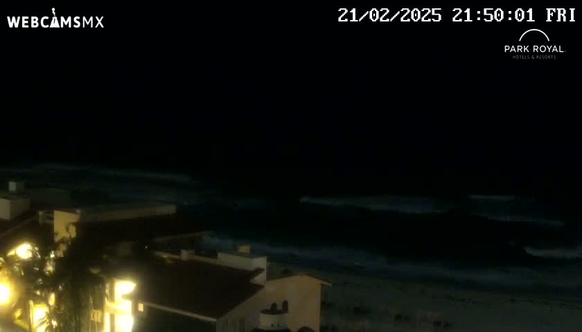 At night, gently rolling waves lap a dark beach near a low-lit building.