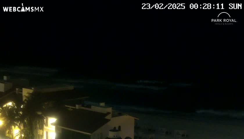 A nighttime view of a dark ocean with gently lapping waves next to a dimly lit building.