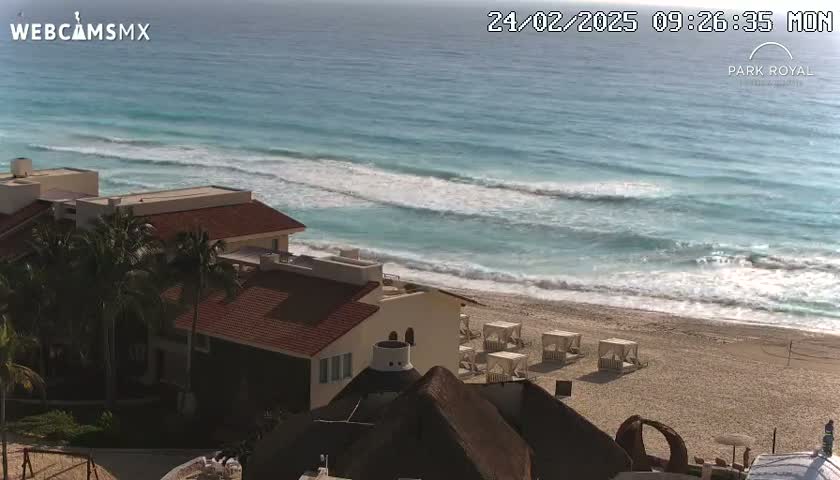 A beachfront resort with palm trees overlooks a sandy beach and turquoise ocean with moderate waves on a sunny day.