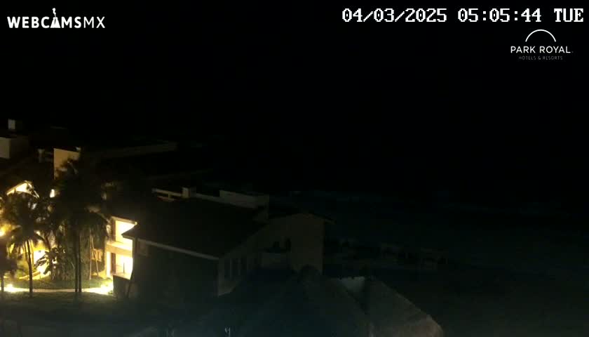 A nighttime, dimly lit view of a resort complex with palm trees near a dark body of water.