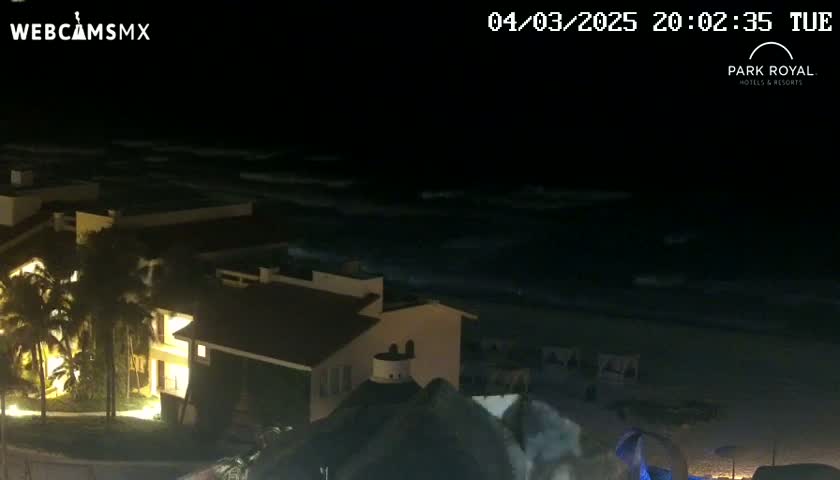 A nighttime view shows a beachfront resort with palm trees and dark ocean waves under a clear, dark sky.
