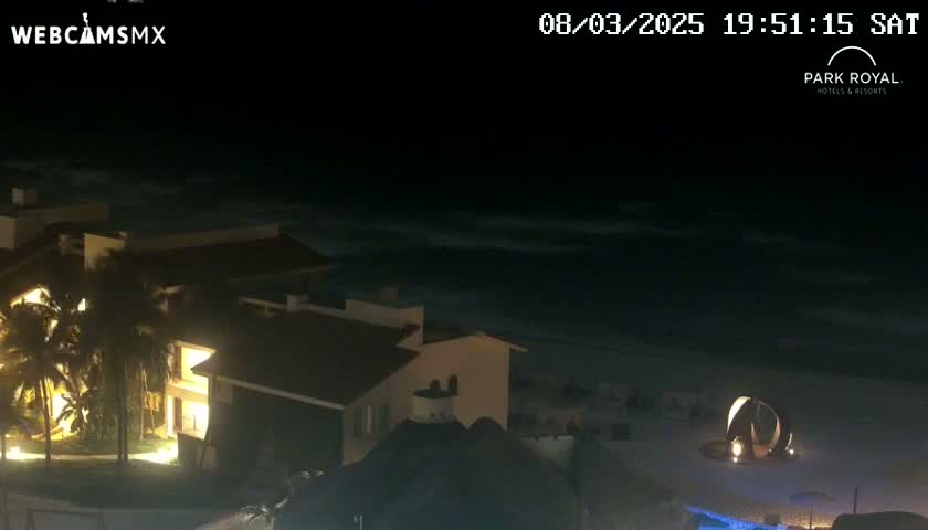 A nighttime view of a beachside resort with palm trees, illuminated buildings, and gently lapping waves under a dark sky.