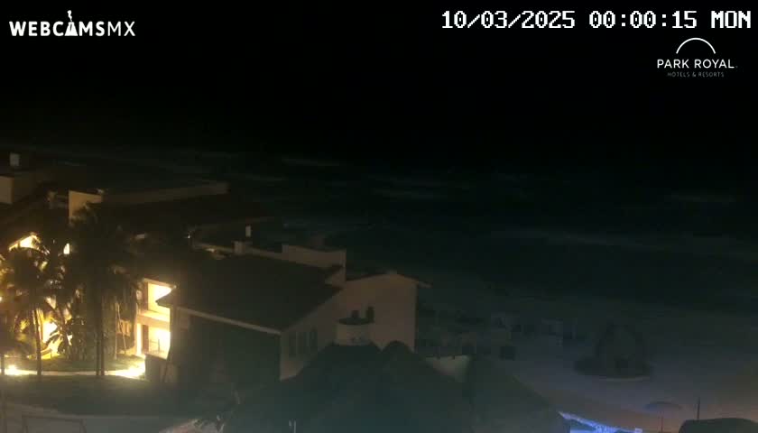 A nighttime view of a coastal resort area shows illuminated buildings and palm trees next to a dark ocean with slight wave action under a clear, dark sky.