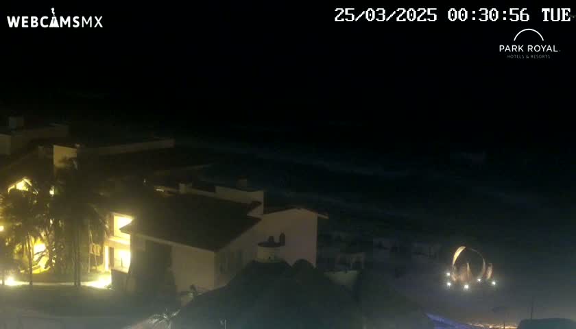 A nighttime view shows a resort complex illuminated near a dark ocean with small waves under a clear sky.
