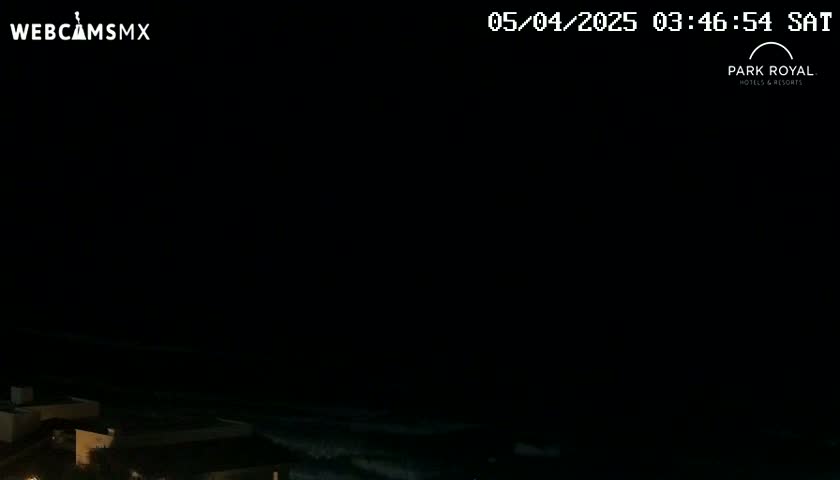 A nighttime view of a dark ocean with faintly visible waves and dimly lit buildings in the foreground.