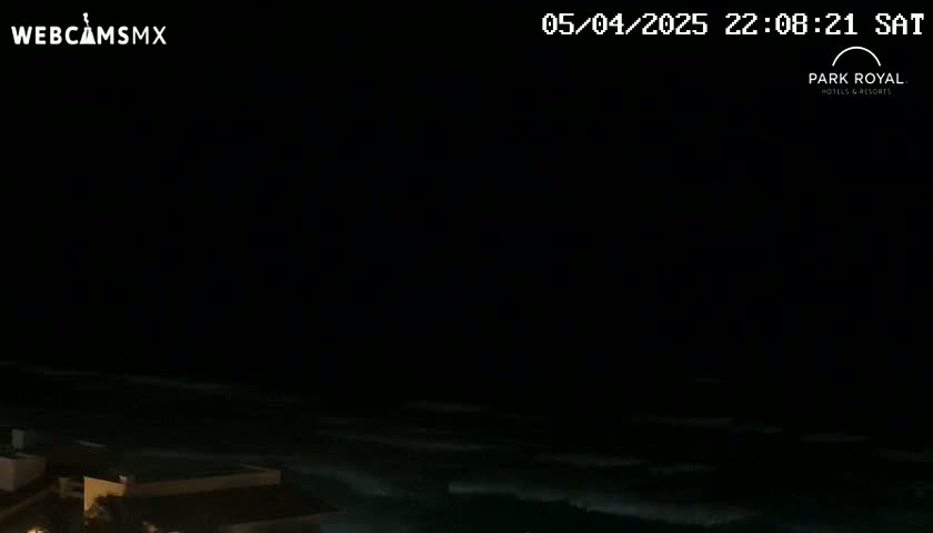 A dark nighttime scene shows gently rolling waves on the ocean near a building under a clear, dark sky.