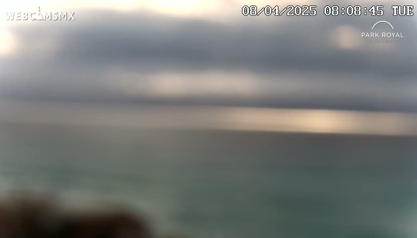 A blurry image shows an overcast sky over a calm body of water.