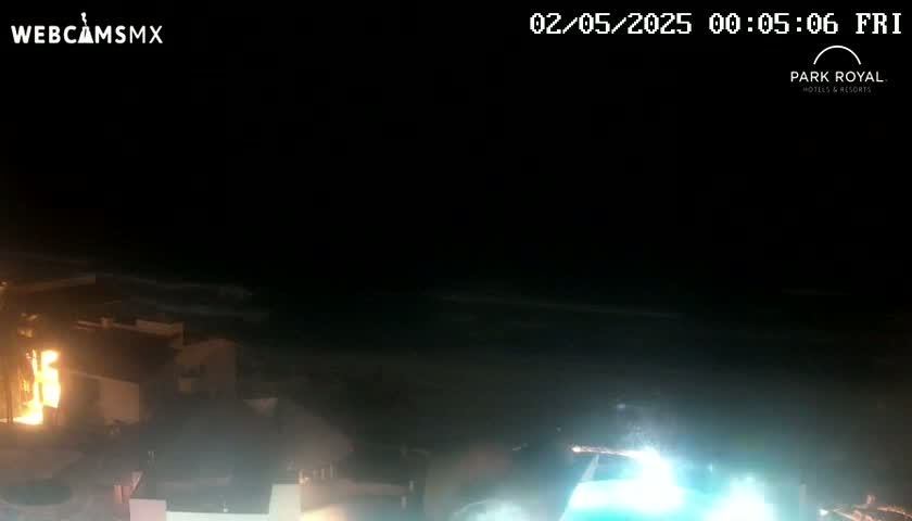 A nighttime coastal scene shows a dark ocean with waves, illuminated buildings along the shore, and bright, possibly artificial, lights near the water.