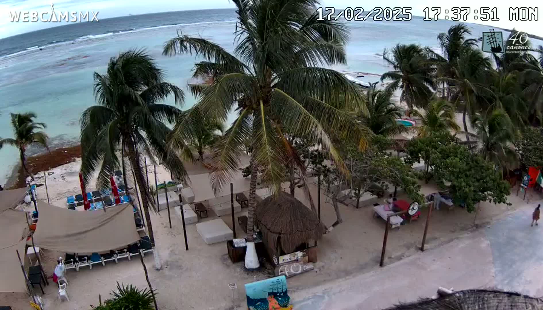 An aerial view shows a beachside establishment with palm trees, beach umbrellas, lounge chairs, and a thatched-roof hut, under a partly cloudy sky with a calm ocean in the background.