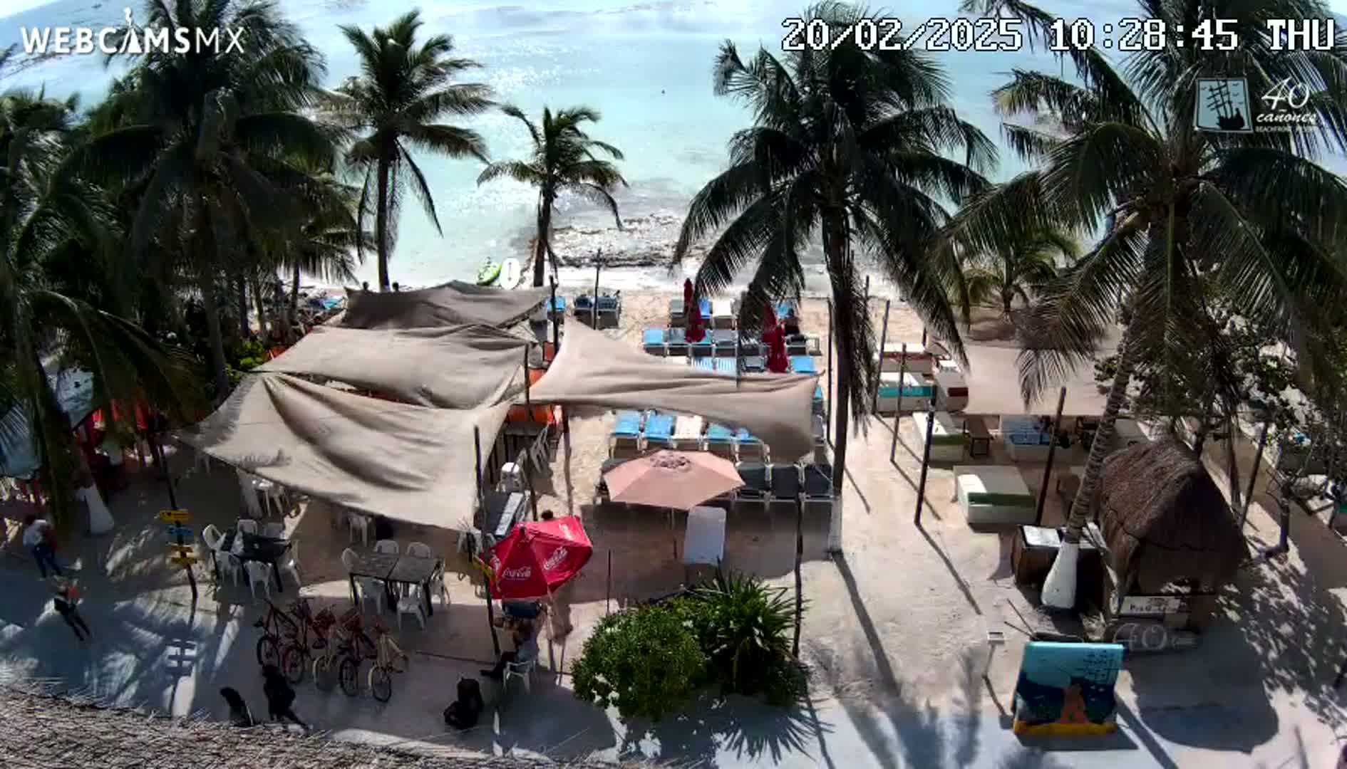 An overhead view of a beachside restaurant with numerous beach chairs, umbrellas, and palm trees under a sunny sky.