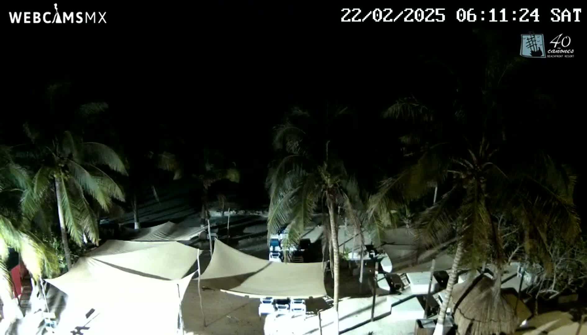 A nighttime aerial view shows a beachside area with palm trees, sandy ground, and several beige canopies under a clear, dark sky.