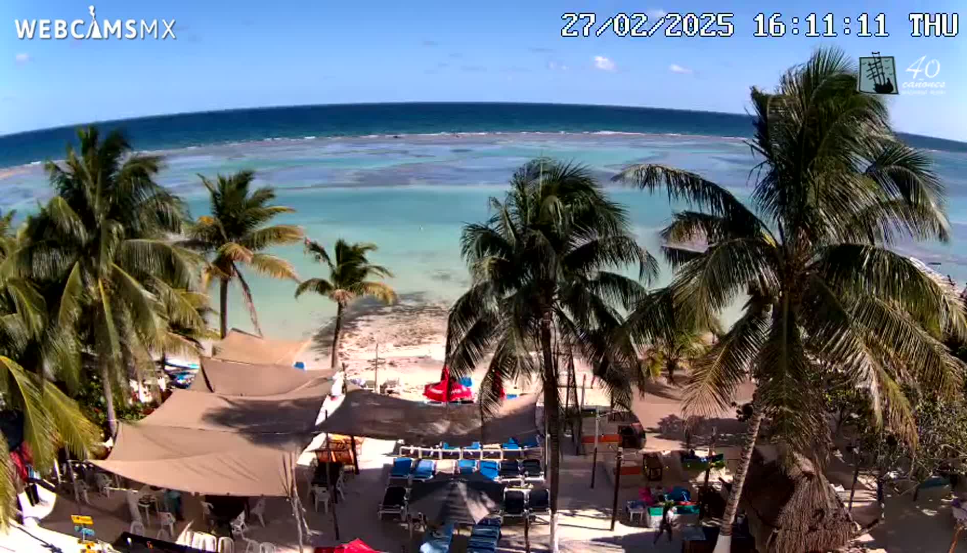 A beachside view shows a sandy beach with turquoise water, palm trees, and beach umbrellas under a sunny sky.