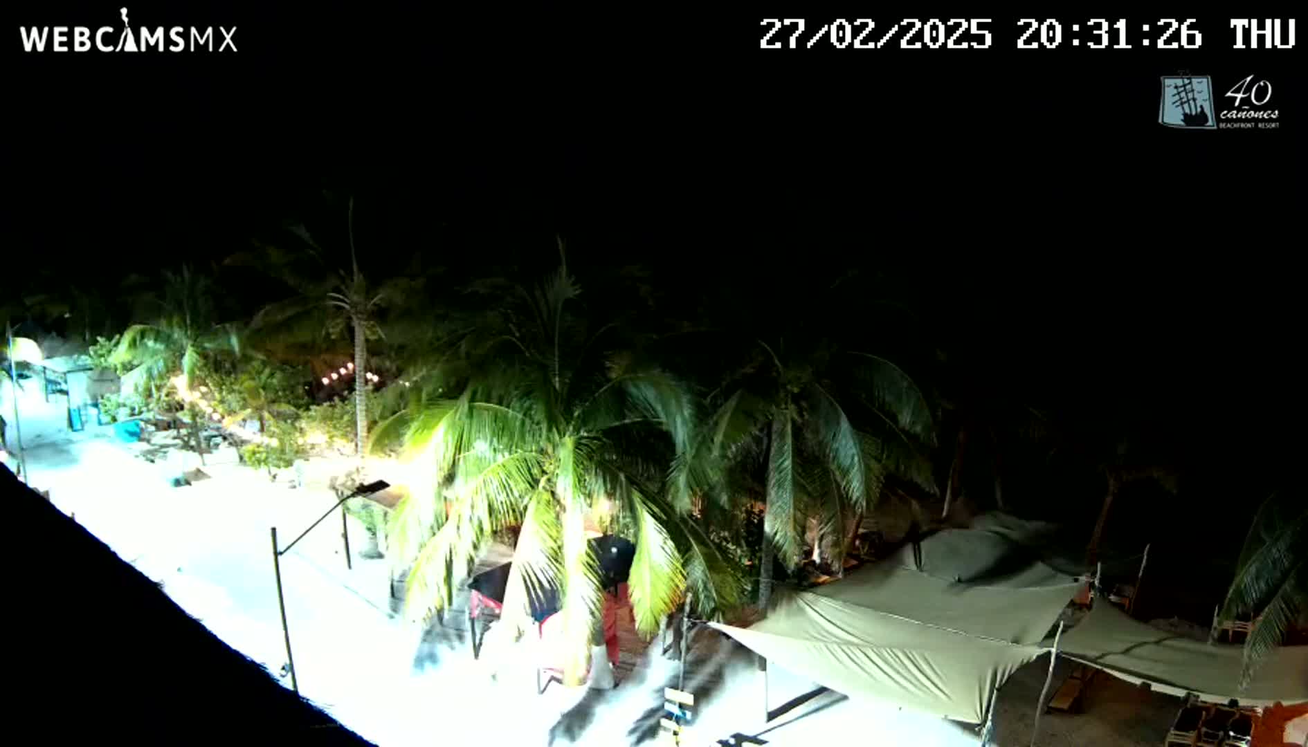 A nighttime, high-angle view shows a beachfront area with palm trees and outdoor canopies under a clear, dark sky.