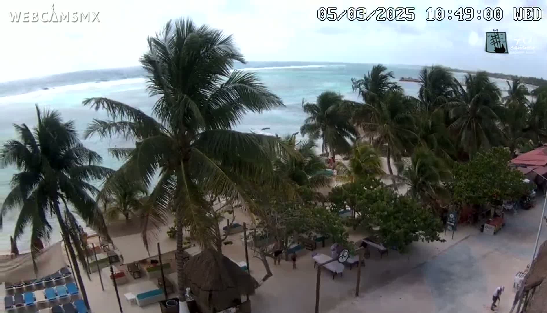 An elevated view shows a beachside resort area with palm trees, sandy beach, turquoise ocean, and overcast skies.