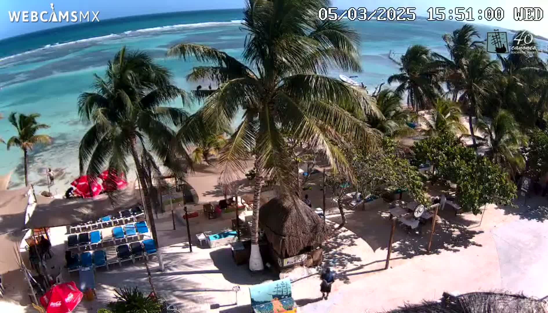 A beach scene on a sunny day shows a sandy area with palm trees, beach chairs, and a small thatched-roof structure near turquoise water with small waves.